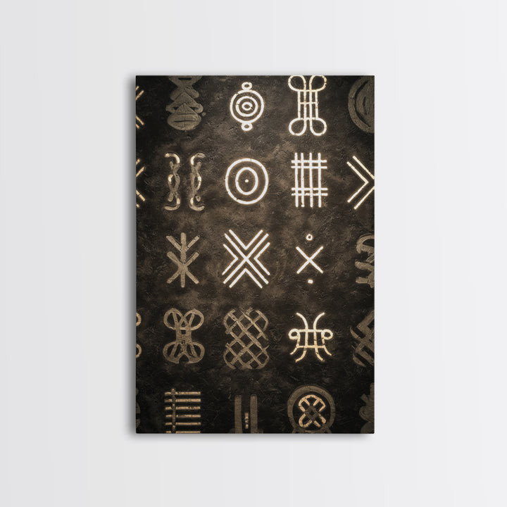 African Tribal Symbols Wall Art, Black And Gold Pattern Canvas Print, Mud Cloth Inspired Decor, Cultural Geometric Poster