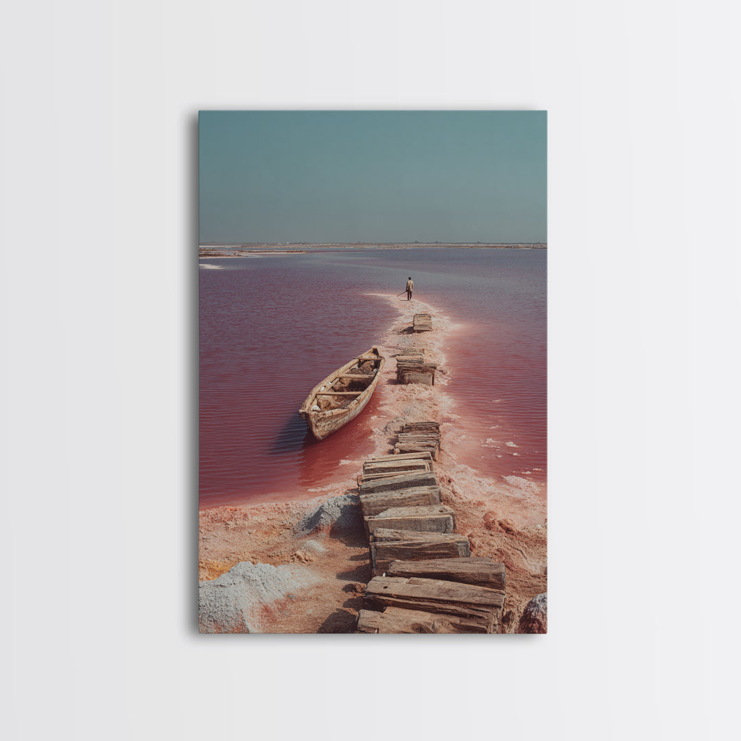 Wooden Path Through Pink Salt Lake Wall Art, African Landscape Canvas Print, Boat Travel Decor, Minimalist Coastal Art Gift