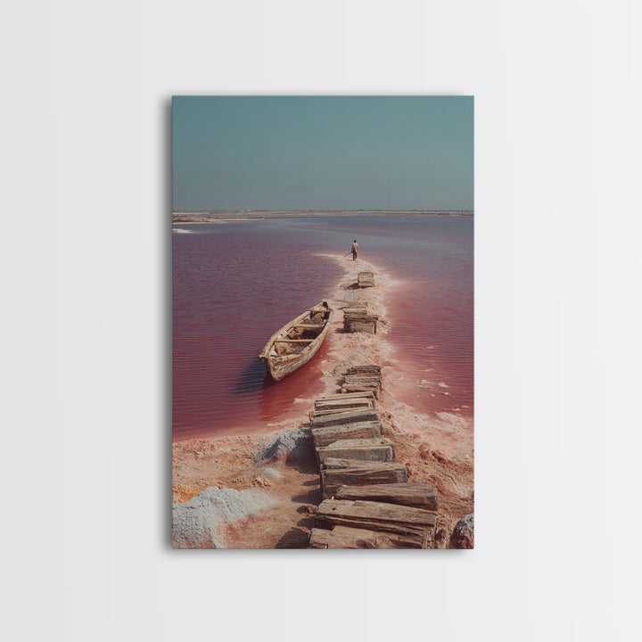 Wooden Path Through Pink Salt Lake Wall Art, African Landscape Canvas Print, Boat Travel Decor, Minimalist Coastal Art Gift