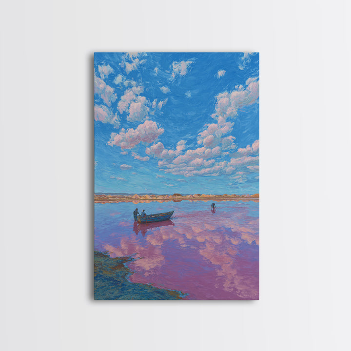Blue Sky Pink Lake Canvas Print, African Landscape Wall Art, Boat Scene Travel Poster, Dreamy Nature Decor For Living Room