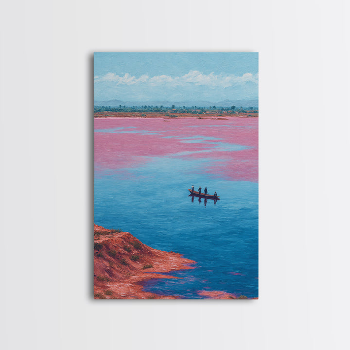 Pink Salt Lake Fishermen Boat Wall Art, African Landscape Canvas Decor, Afrocentric Travel Print, Vibrant Living Room Artwork