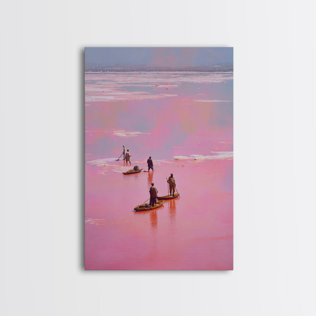 Rose Pink Salt Flats Canoes Canvas Print, African Fishermen Wall Decor, Pastel Safari Art Poster, Unique Home Decor Gift