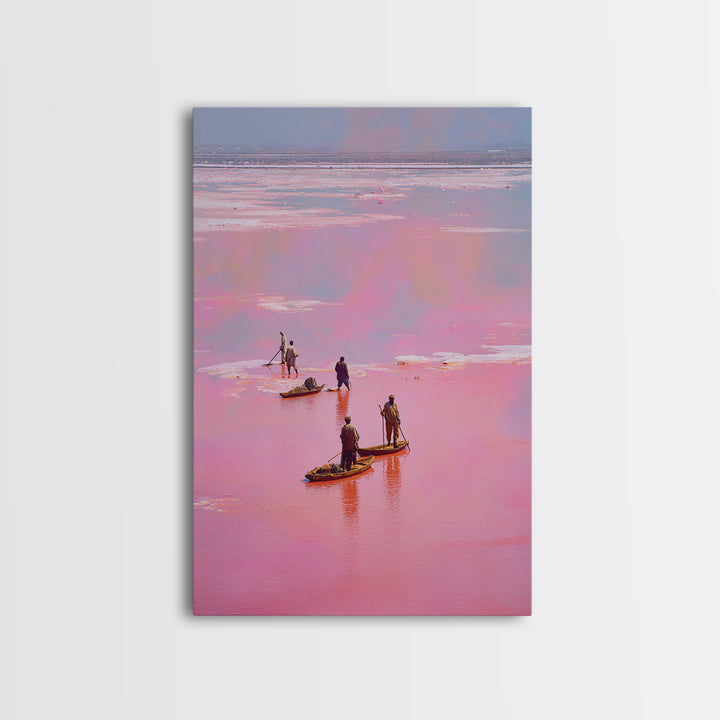 Rose Pink Salt Flats Canoes Canvas Print, African Fishermen Wall Decor, Pastel Safari Art Poster, Unique Home Decor Gift