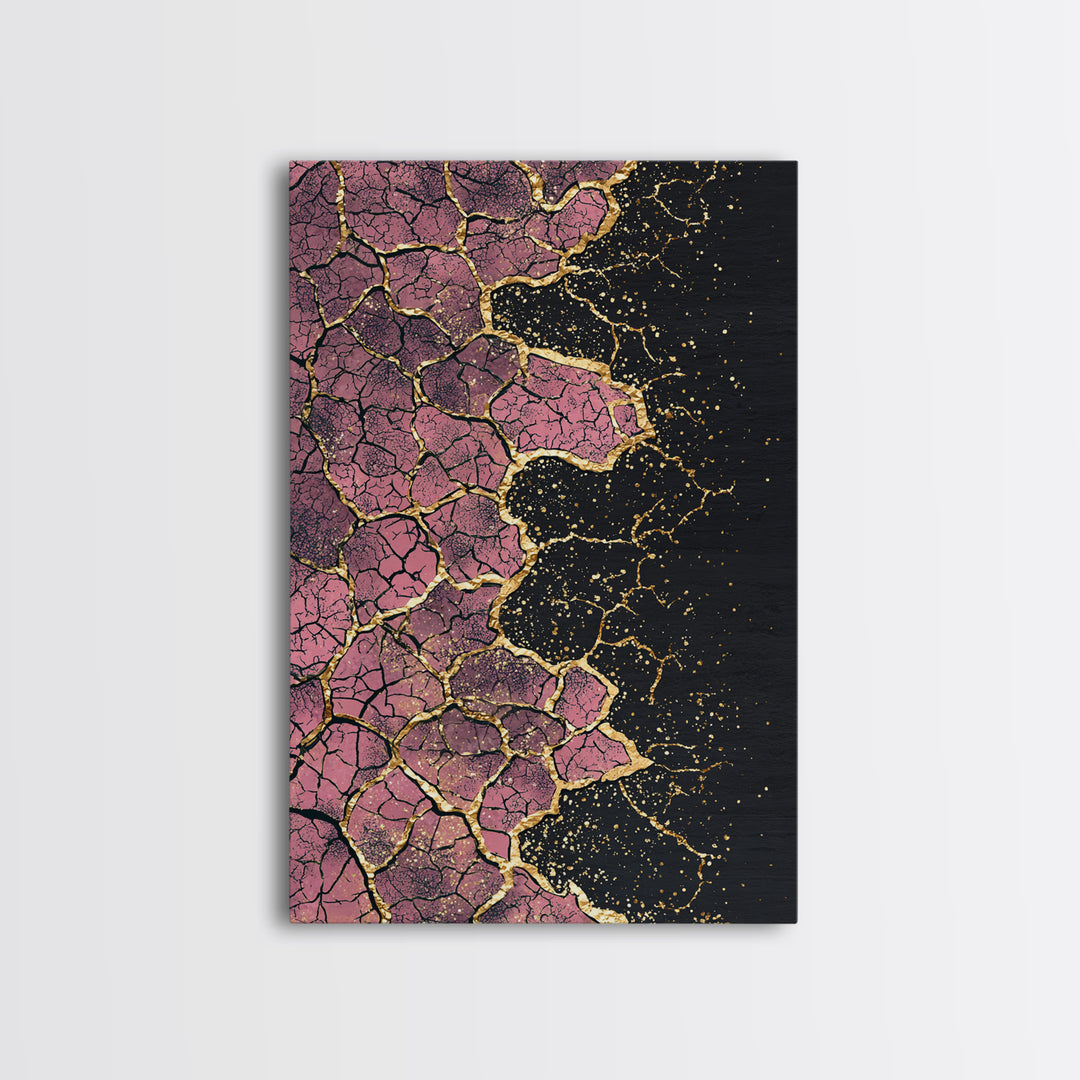 Cracked Pink Black Gold Abstract Wall Art, African Inspired Geometric Texture Print, Luxury Canvas Decor For Modern Home
