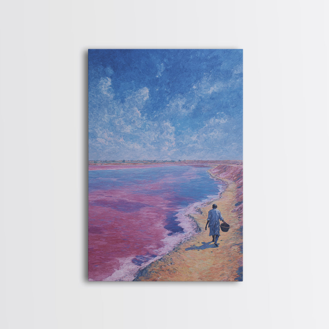 Lone Walker On Pink Shore Framed Canvas Print, African Landscape Wall Decor, Dreamy Lake Painting, Unique Travel Art Gift