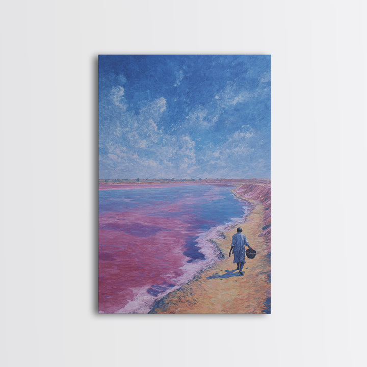 Lone Walker On Pink Shore Framed Canvas Print, African Landscape Wall Decor, Dreamy Lake Painting, Unique Travel Art Gift
