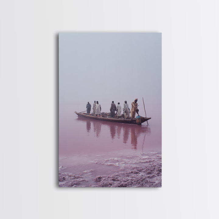 Misty Pink Lake Boat Canvas Print, African Fishermen Wall Art Decor, Minimalist Pastel Landscape, Serene Living Room Art