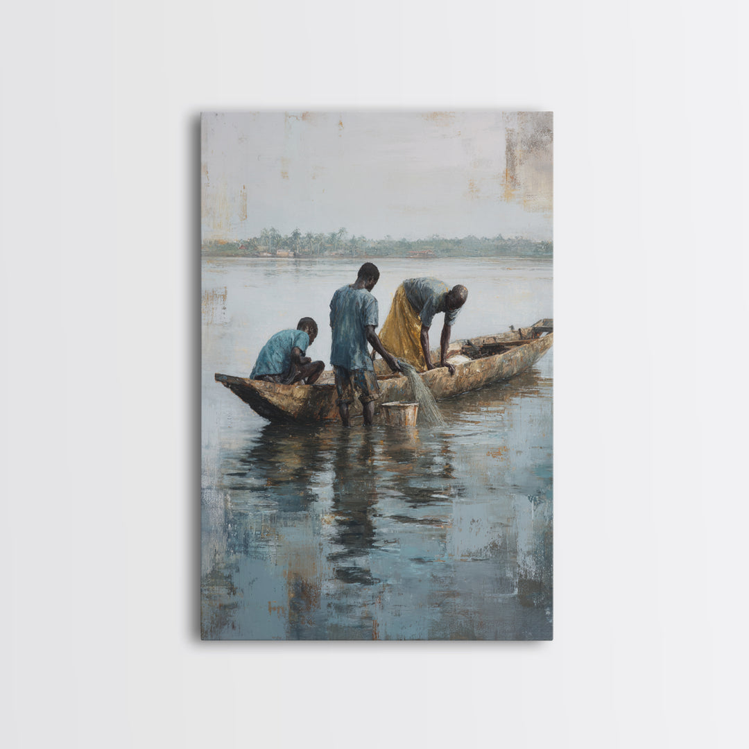 Fishermen Washing Nets By Canoe Wall Art, African Painting Canvas Decor, Cultural River Scene, Rustic Living Room Home Decor Gift