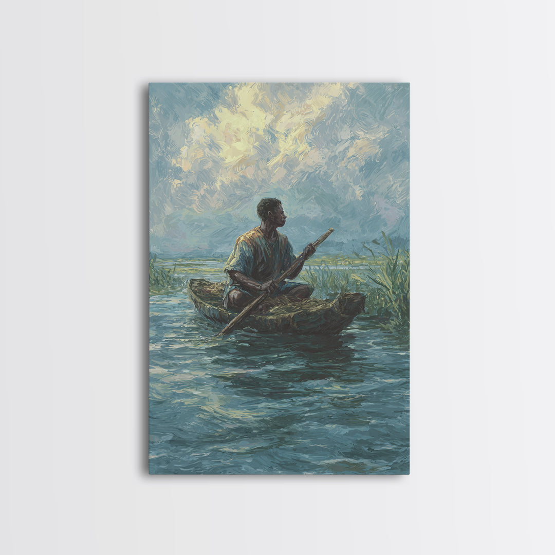 Solitary Canoe Fisherman Under Clouds Wall Art, African Landscape Print, Blue Green Nature Scene, Peaceful Canvas Home Decor