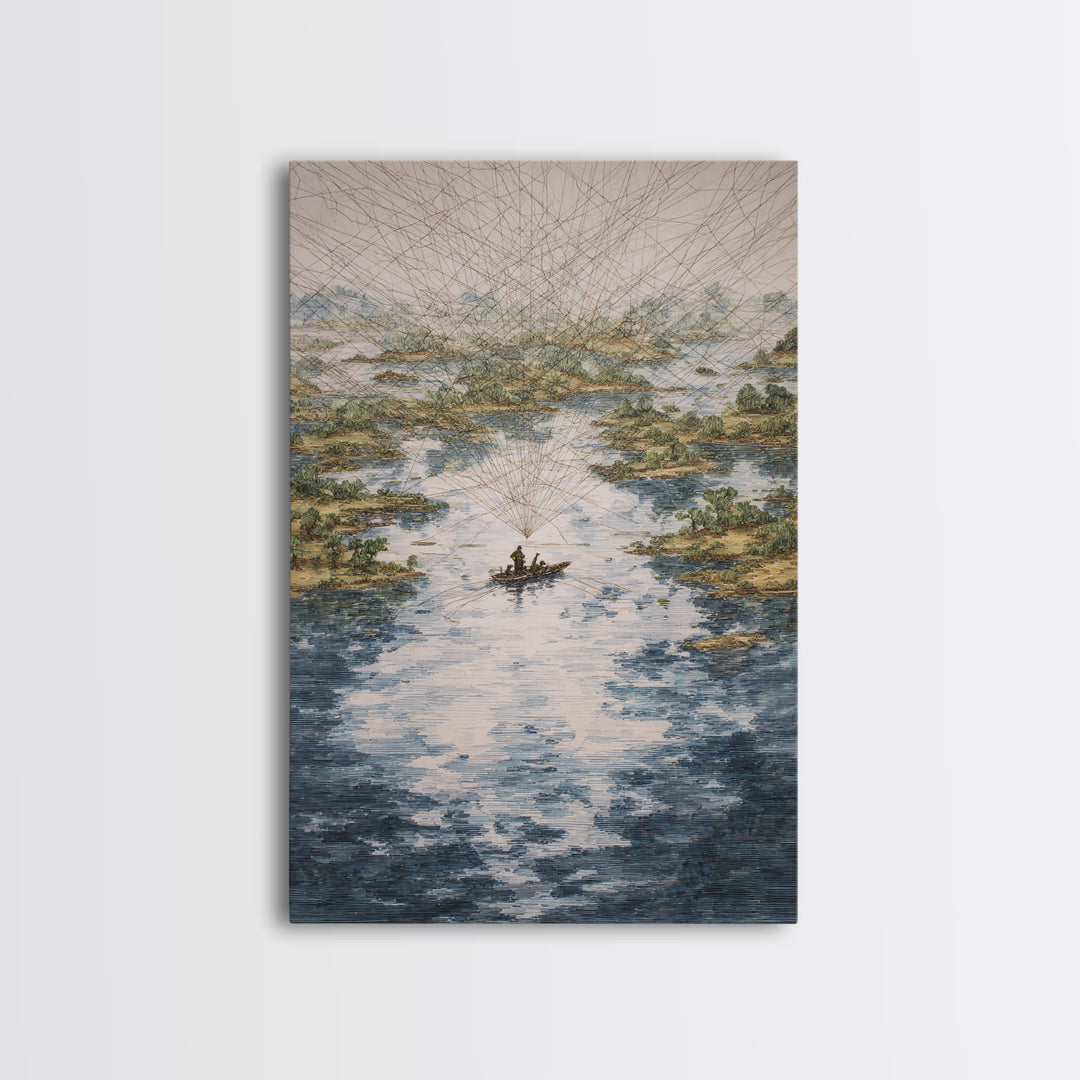 River Delta Boat And Map Lines Framed Canvas Print, African Landscape Wall Decor, Geometric Travel Art, Statement Home Decor