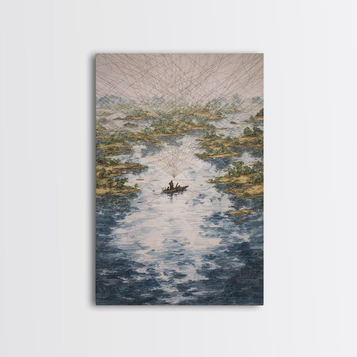 River Delta Boat And Map Lines Framed Canvas Print, African Landscape Wall Decor, Geometric Travel Art, Statement Home Decor