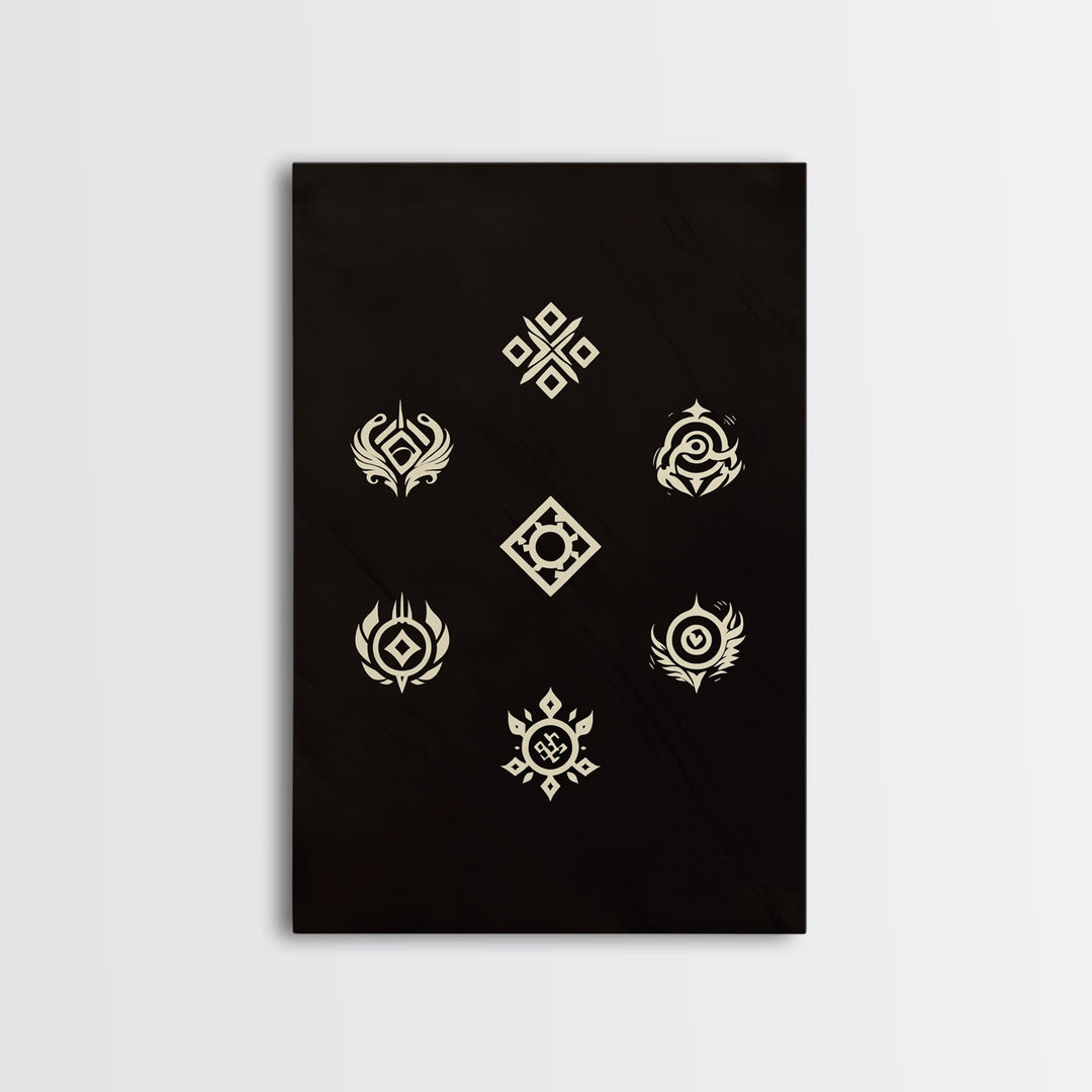 Cream Tribal Symbols On Black Canvas Print, African Abstract Wall Art Decor, Geometric Pattern Poster, Spiritual Home Decor