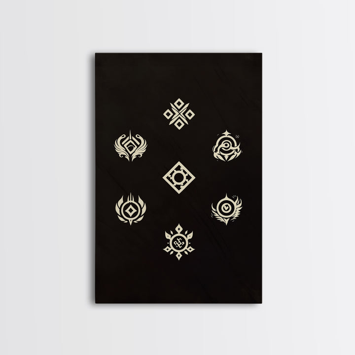 Cream Tribal Symbols On Black Canvas Print, African Abstract Wall Art Decor, Geometric Pattern Poster, Spiritual Home Decor
