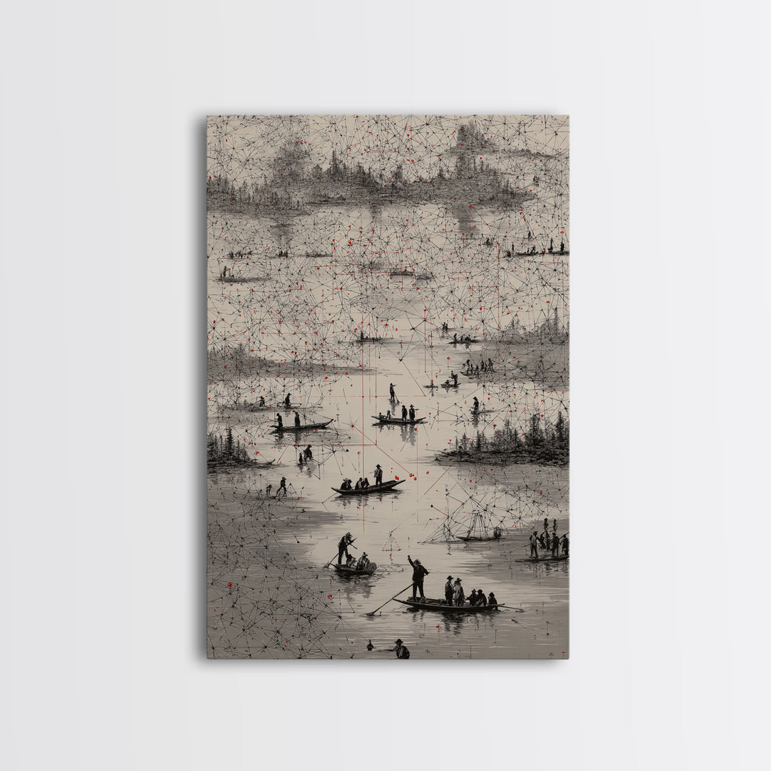 Monochrome River Boats With Red Lines Wall Art, African Landscape Print, Abstract Map Network, Cultural Gallery Home Decor