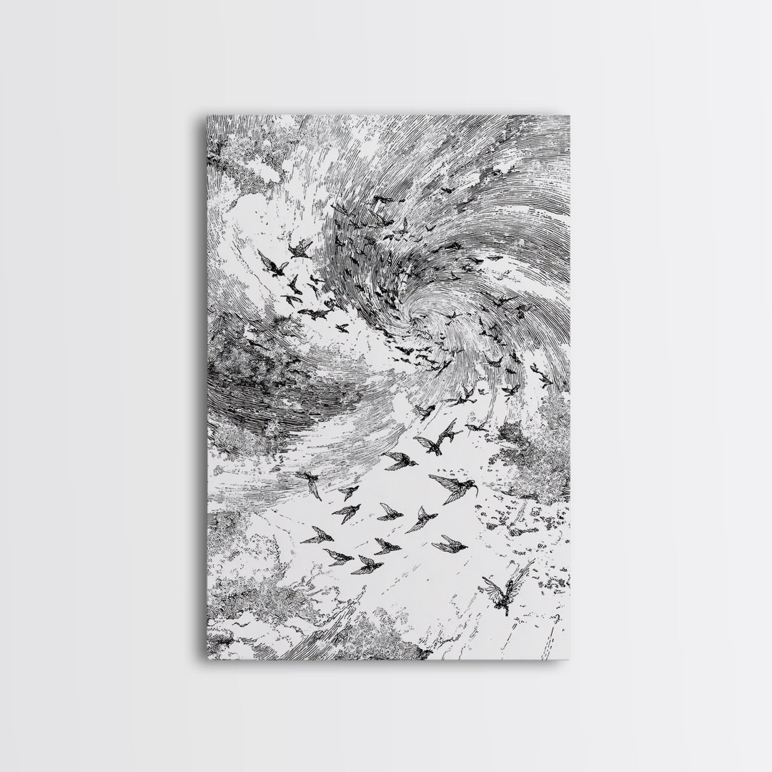 Black And White Bird Flock Storm Wall Art, Abstract African Inspired Nature Sketch, Minimalist Canvas Decor, Modern Office Gift