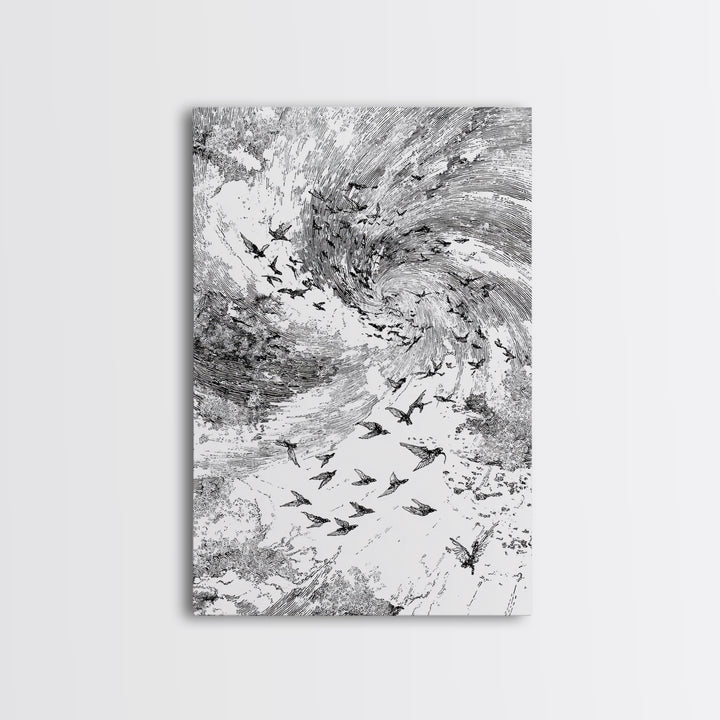 Black And White Bird Flock Storm Wall Art, Abstract African Inspired Nature Sketch, Minimalist Canvas Decor, Modern Office Gift