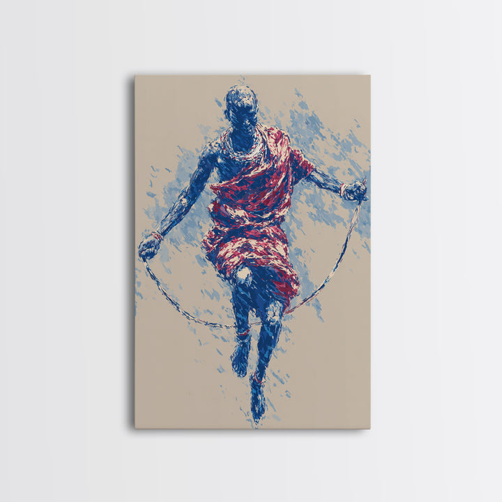 Maasai Warrior Jump Rope Dance Wall Art, African Tribal Art Print, Red Blue Athletic Portrait, Cultural Home Decor Gift For Him