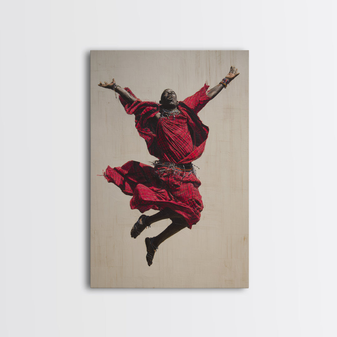 Joyful Maasai Dancer Leaping In Red Framed Canvas Print, African Warrior Art, Cultural Portrait, Bold Living Room Decor Gift