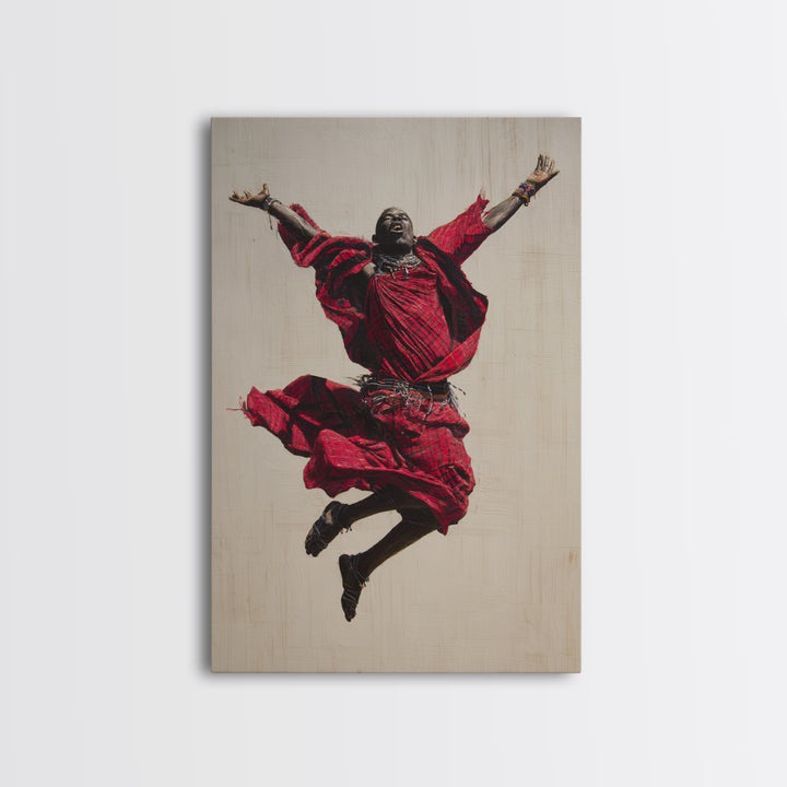 Joyful Maasai Dancer Leaping In Red Framed Canvas Print, African Warrior Art, Cultural Portrait, Bold Living Room Decor Gift
