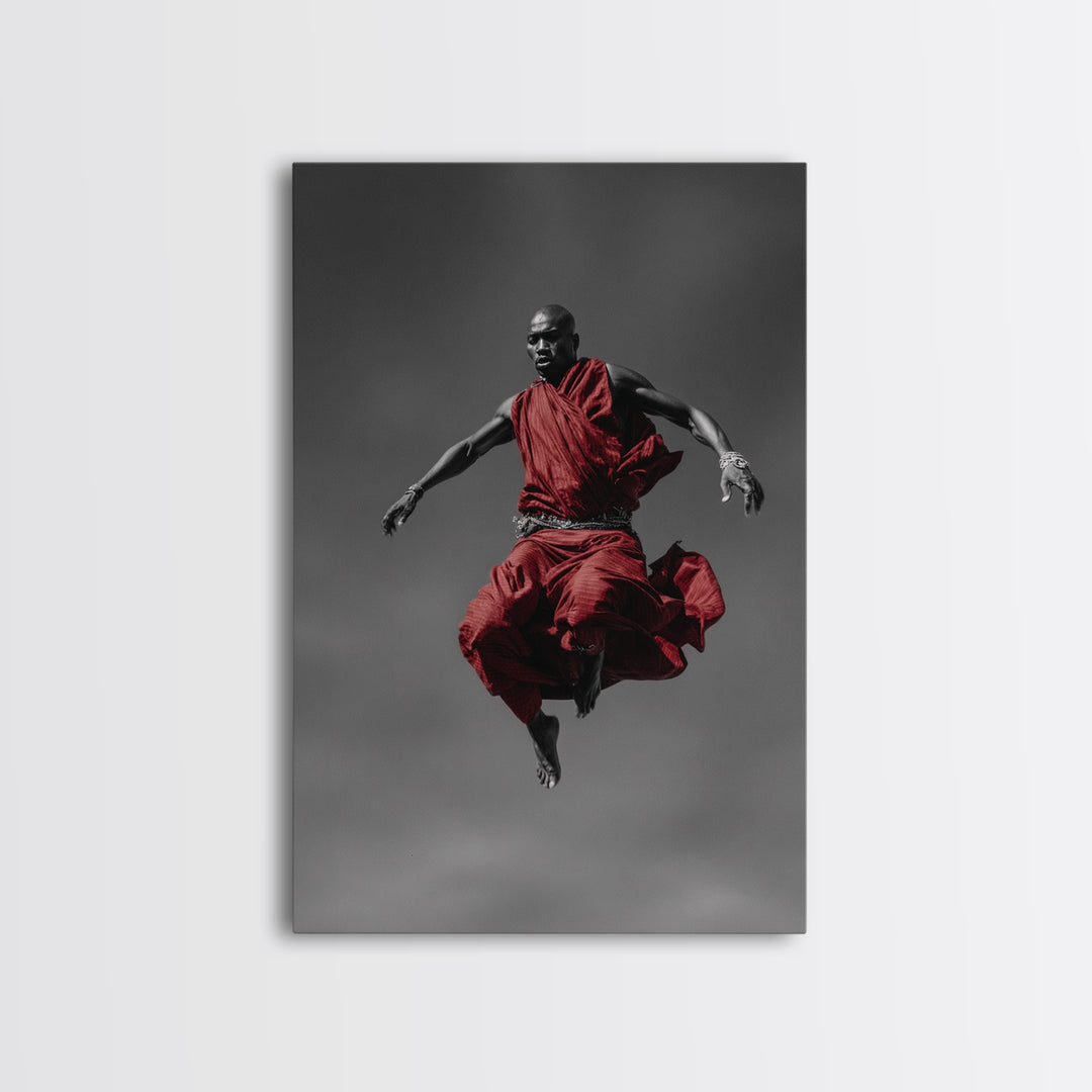 Floating Maasai Warrior In Red Robes Canvas Print, African Portrait Photography, Black Art Decor, Modern Cultural Wall Art