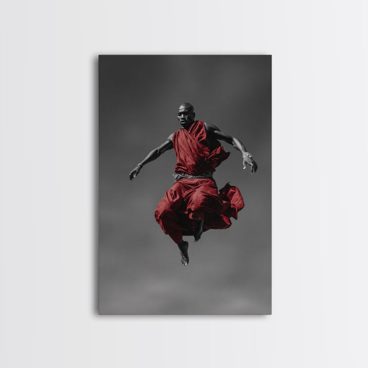 Floating Maasai Warrior In Red Robes Canvas Print, African Portrait Photography, Black Art Decor, Modern Cultural Wall Art