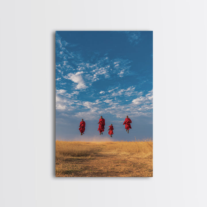Four Maasai Warriors Jumping Over Savanna Wall Art, African Safari Art Print, Blue Sky Landscape, Cultural Home Decor Gift