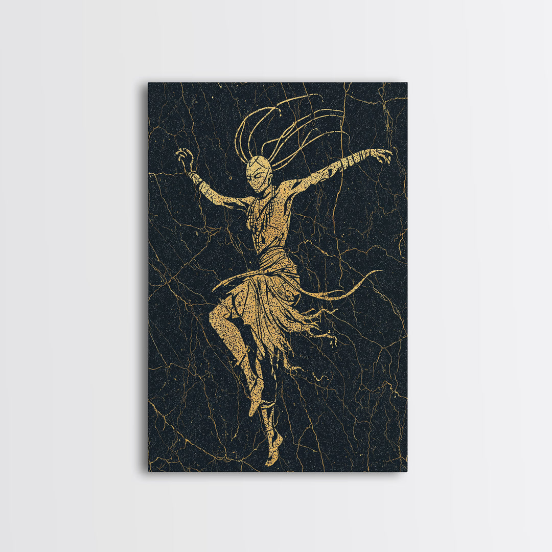 Gold Tribal Dancer On Black Cracked Texture Canvas Print, African Mask Art, Elegant Abstract Wall Decor, Spiritual Home Gift