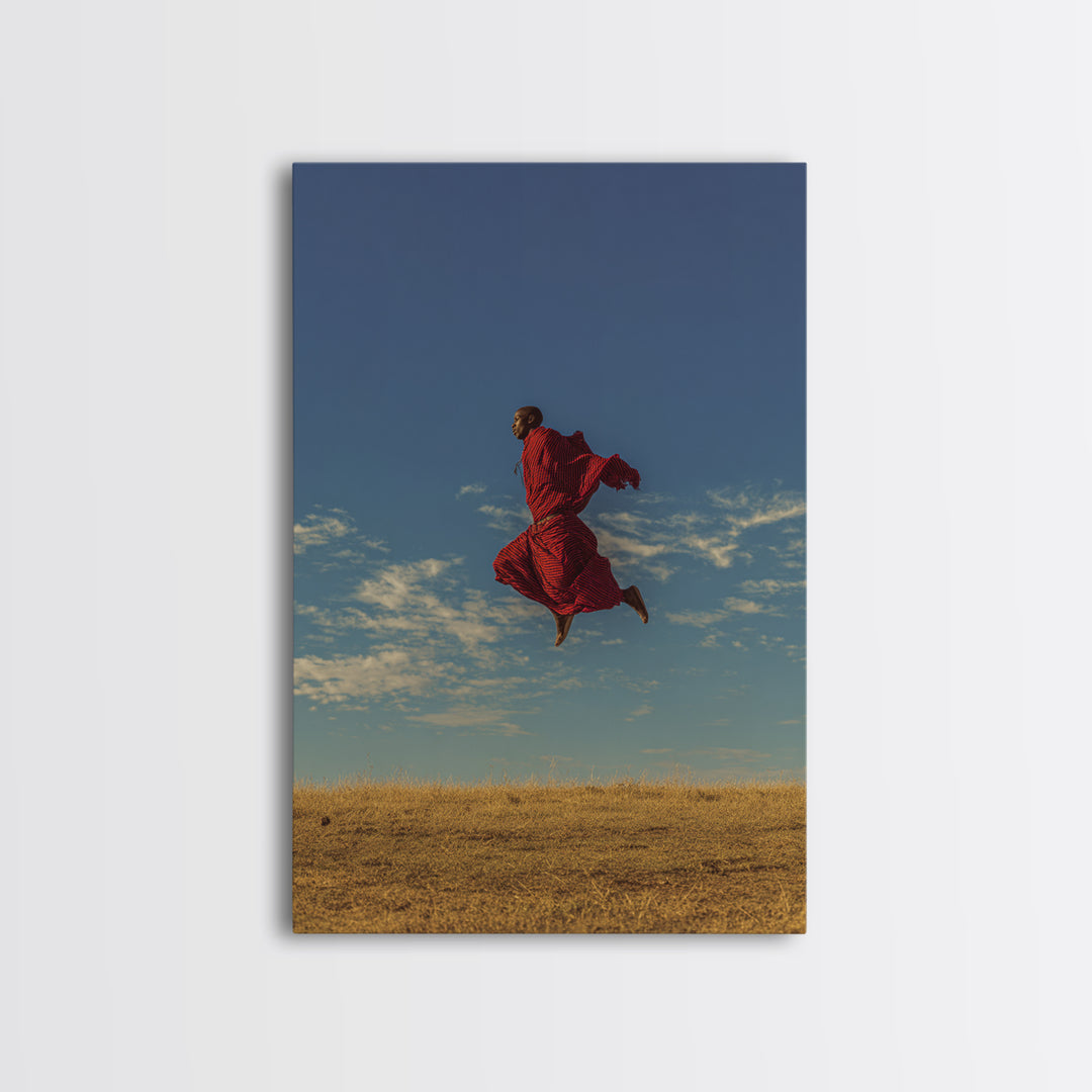 Solo Maasai Warrior Leaping Above Golden Grass Wall Art, African Safari Portrait, Red Robe Landscape, Cultural Decor Gift