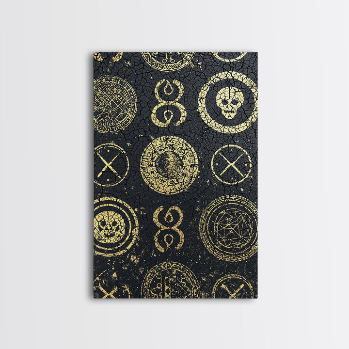 Gold Tribal Symbols And Skulls On Black Texture Canvas Print, African Abstract Wall Art, Mystical Pattern Home Decor Gift
