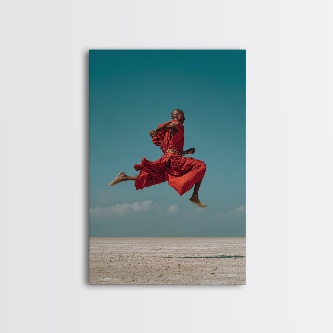 Leaping Maasai Warrior Canvas Print, African Wall Art, Red Robe Desert Photography, Tribal Decor For Living Room Wall Decor