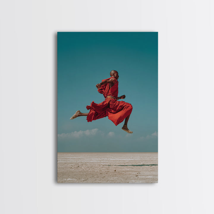 Leaping Maasai Warrior Canvas Print, African Wall Art, Red Robe Desert Photography, Tribal Decor For Living Room Wall Decor