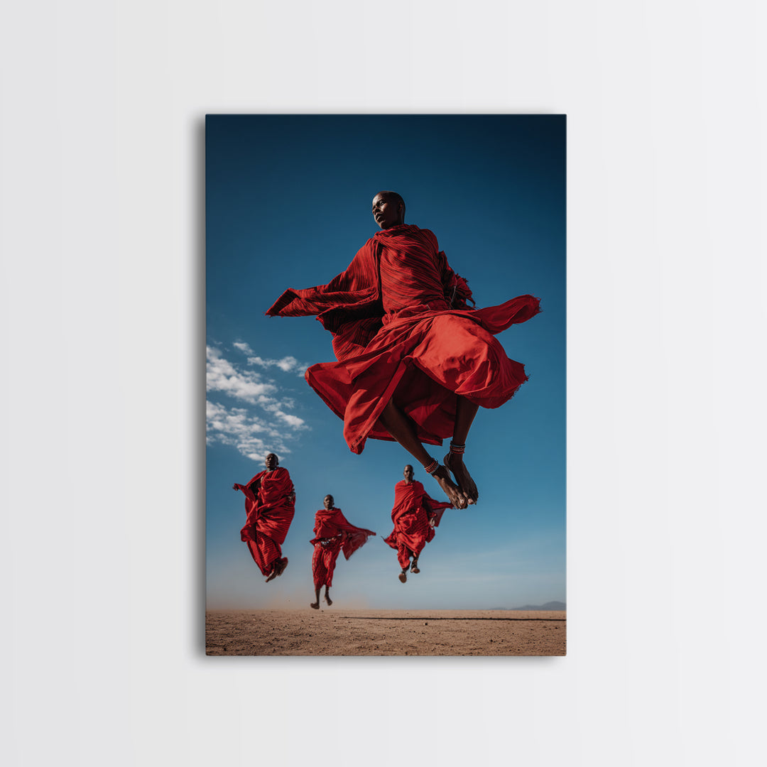 Maasai Warriors Jumping Framed Canvas Print, African Wall Art, Red Robe Tribal Decor, Safari Photography For Home Wall Decor