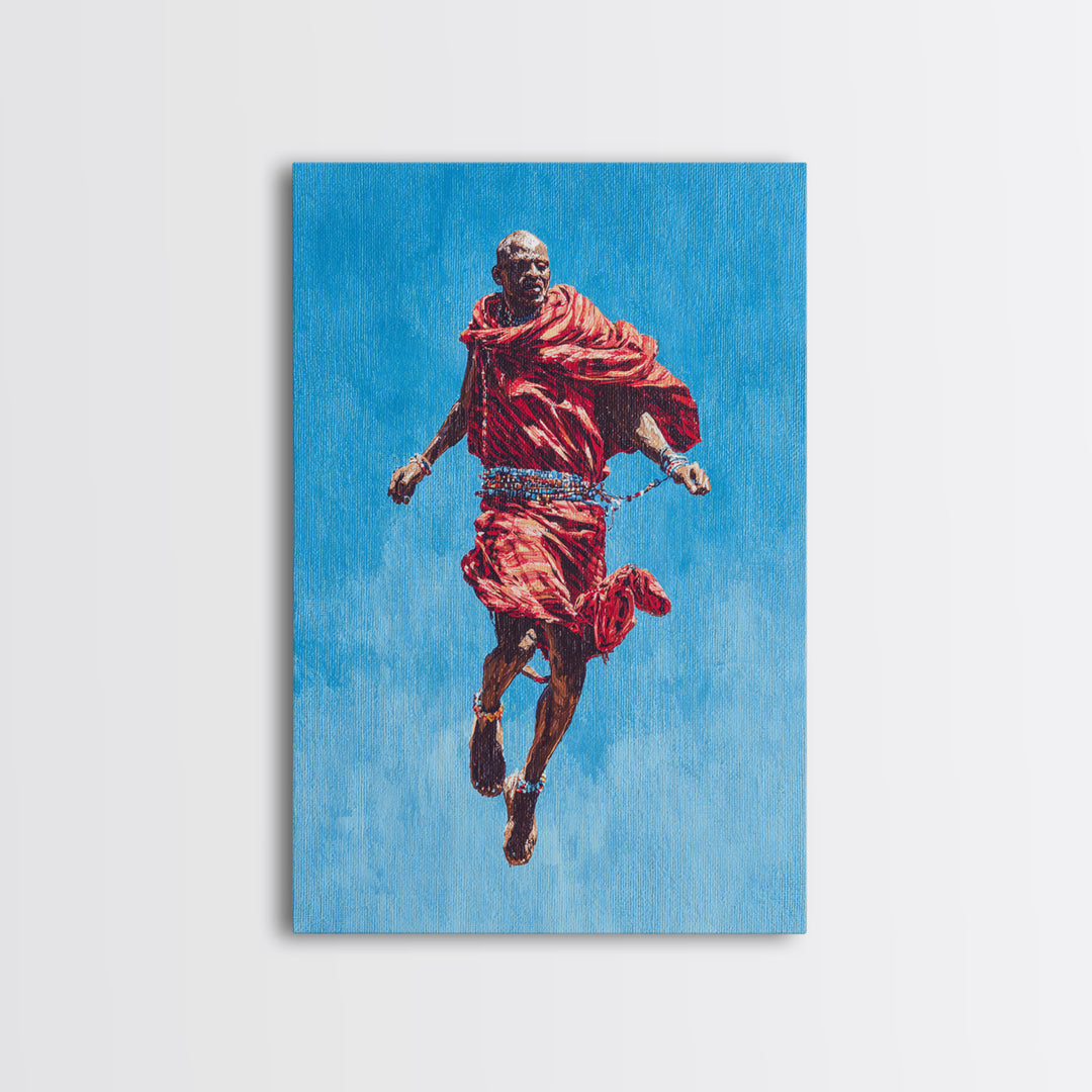 Painted Maasai Warrior Jump Wall Art, African Acrylic Art, Red Robe Tribal Portrait, Afrocentric Canvas Print Decor Gift