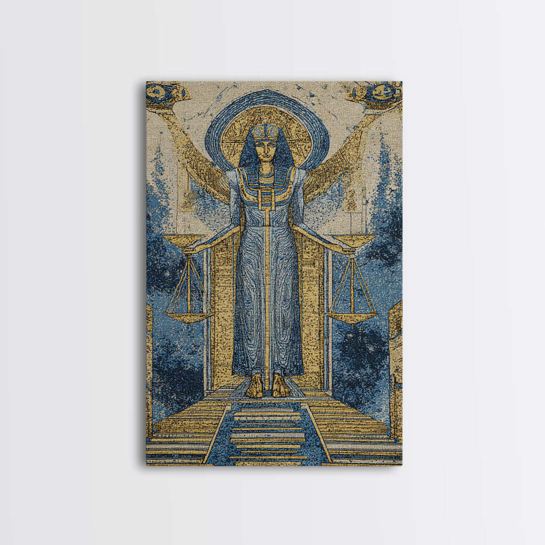 Egyptian Goddess Of Justice Wall Art, African Egyptian Art, Blue Gold Spiritual Canvas Print, Ancient Culture Home Decor Gift
