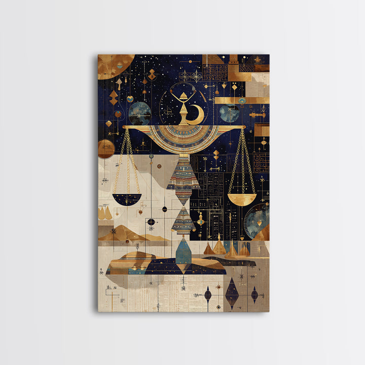 Celestial Egyptian Scales Wall Art, African Egyptian Art, Gold Black Mystical Canvas Print, Spiritual Home Decor Gift Idea