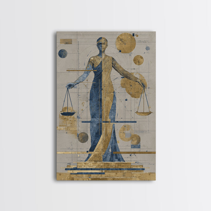 Blue Gold Lady Justice Goddess Canvas Print, Abstract African Wall Art, Modern Portrait Decor, Elegant Office Statement Piece