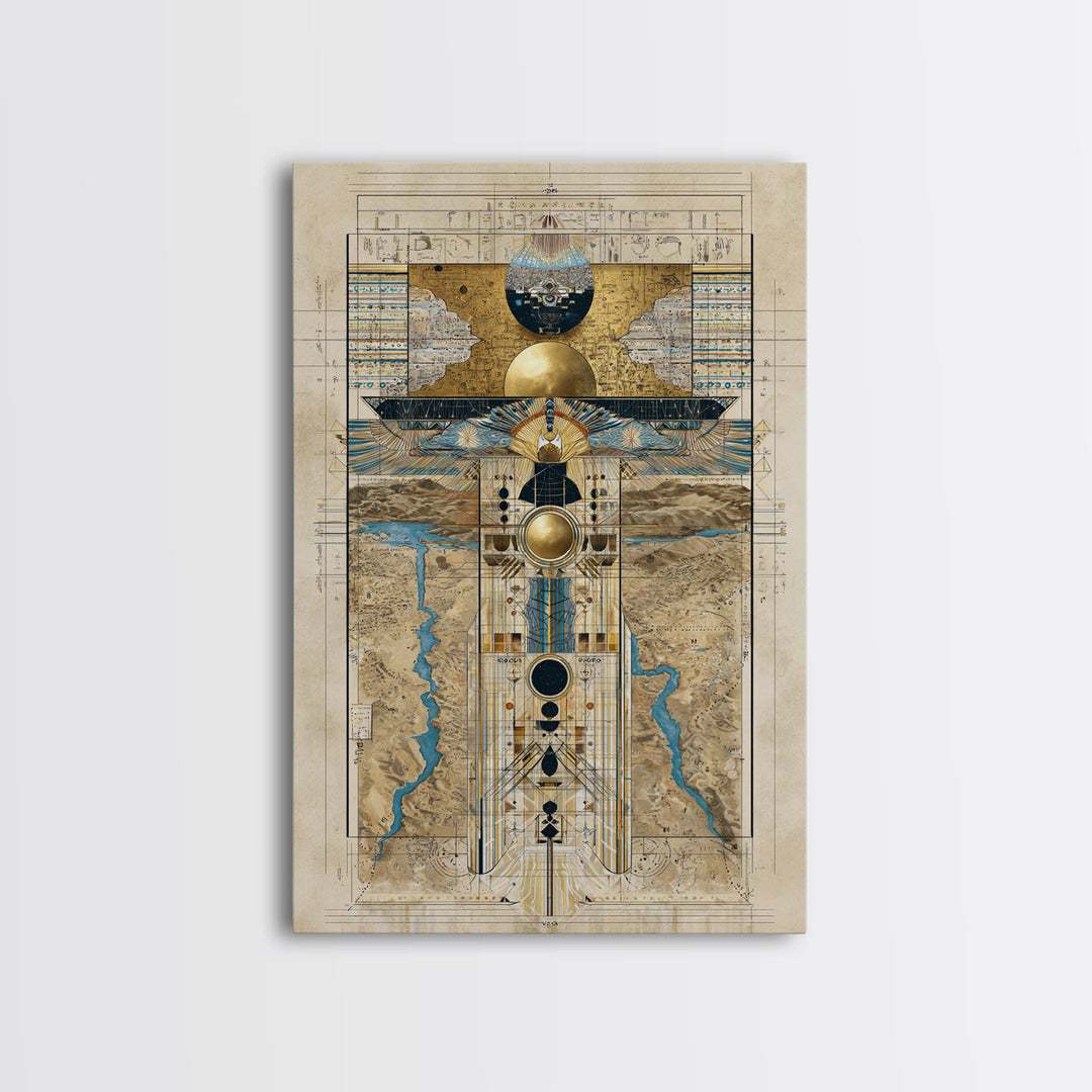 Egyptian Sacred Geometry Totem Canvas Print, African Egyptian Wall Art, Gold Blue Map Decor, Mystical Ancestral Poster Print