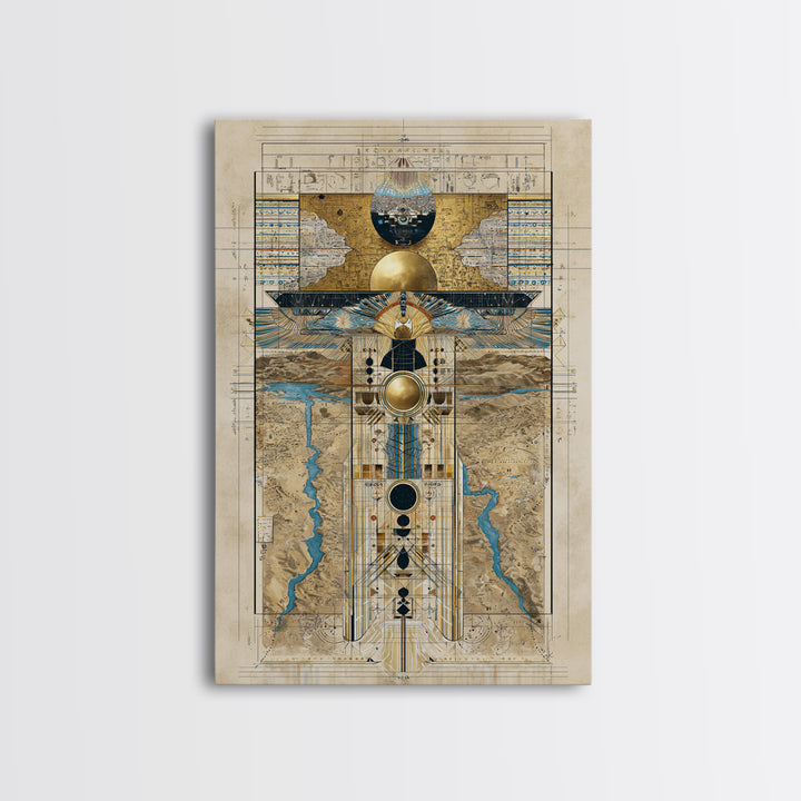 Egyptian Sacred Geometry Totem Canvas Print, African Egyptian Wall Art, Gold Blue Map Decor, Mystical Ancestral Poster Print