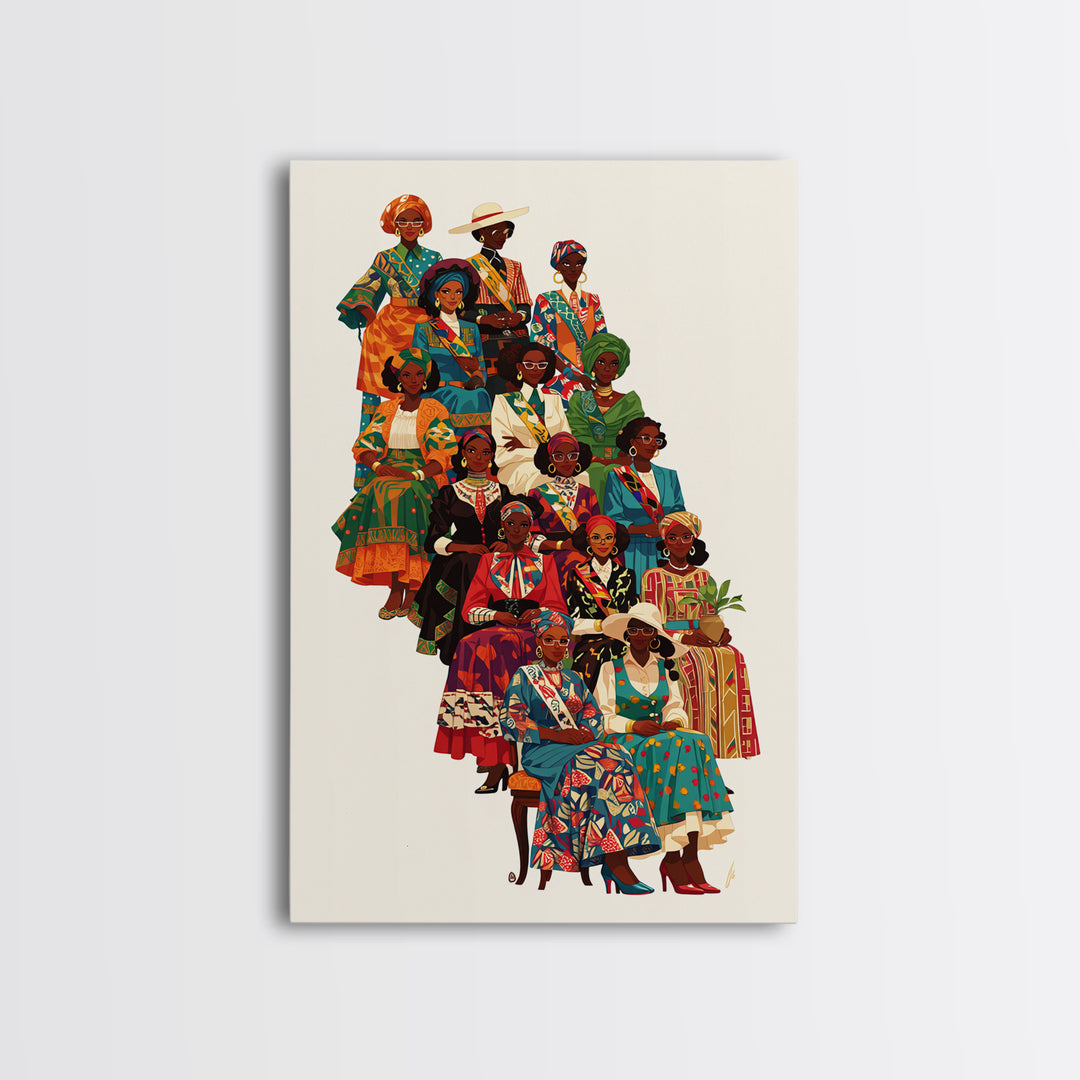 Elegant African Women Fashion Ensemble Framed Canvas Print, Ankara Wall Art, Black Queens Decor, Afrocentric Statement Gift