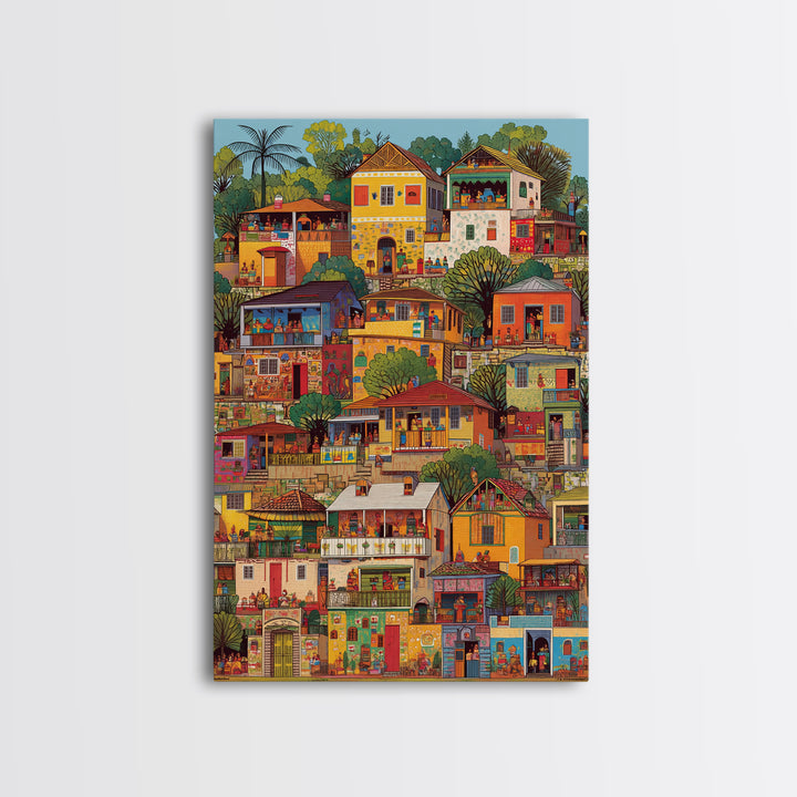 Colorful African Hillside Village Wall Art, Urban Home Scene Print, Tropical Architecture Decor, Vibrant Cultural Canvas