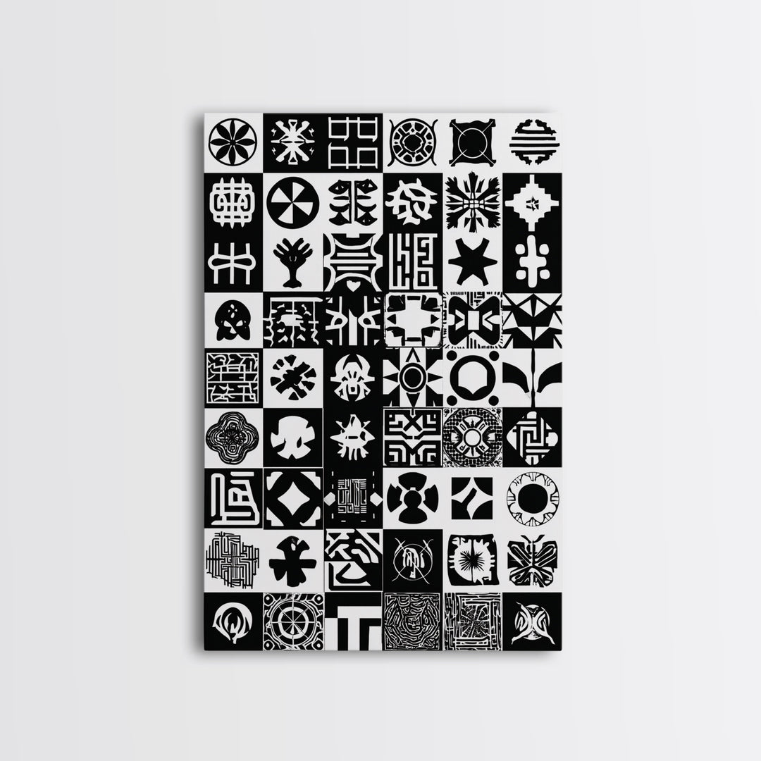 Black White African Symbols Wall Art, Adinkra Pattern Canvas Print, Tribal Art Decor, African Fabric Inspired Home Decor