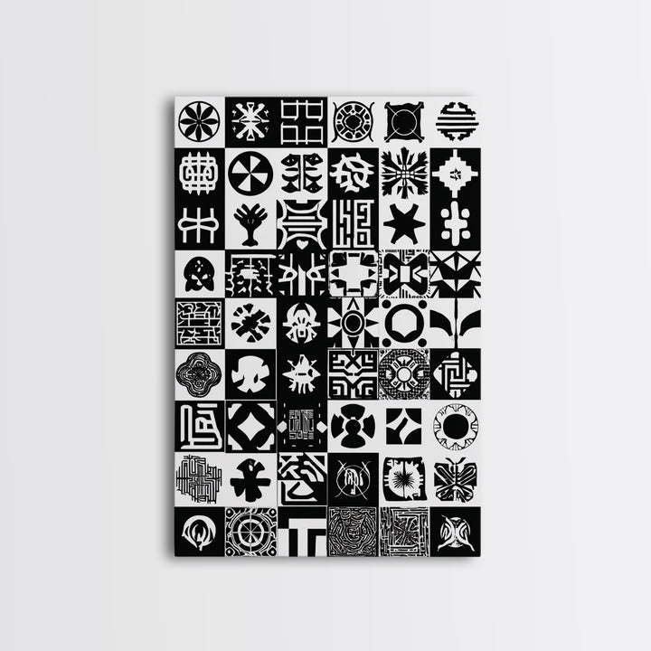 Black White African Symbols Wall Art, Adinkra Pattern Canvas Print, Tribal Art Decor, African Fabric Inspired Home Decor