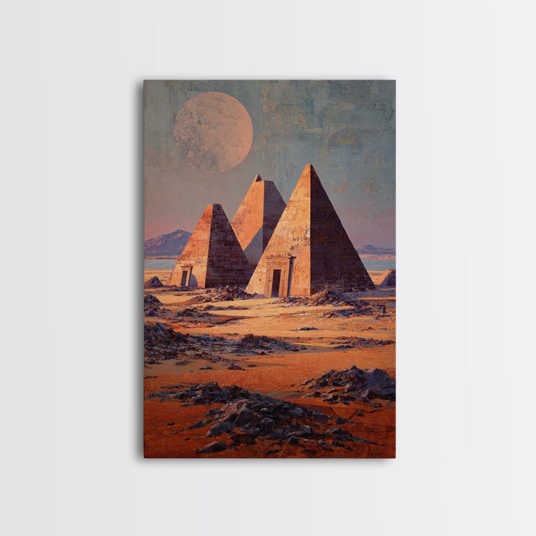 Moonlit Nubian Pyramids Framed Canvas Print, African Egyptian Art, Mystical Desert Wall Decor, Cultural Artwork, Home Decor Gift