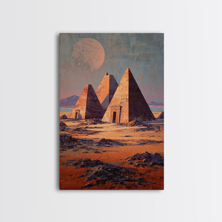 Moonlit Nubian Pyramids Framed Canvas Print, African Egyptian Art, Mystical Desert Wall Decor, Cultural Artwork, Home Decor Gift