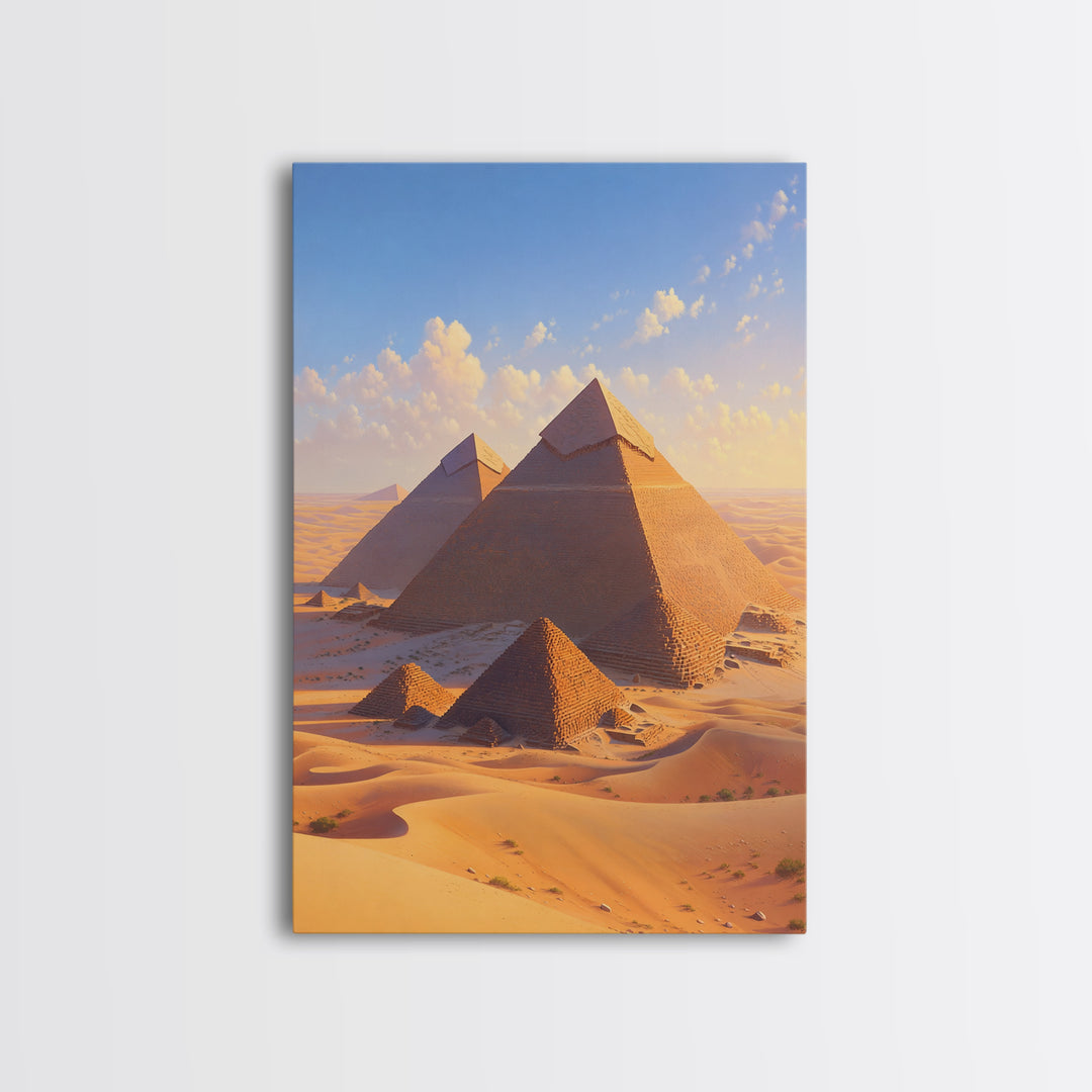 Golden Giza Pyramids In Desert Dunes Framed Canvas Print, African Egyptian Art, Ancient African Wall Decor Gift, Travel Poster
