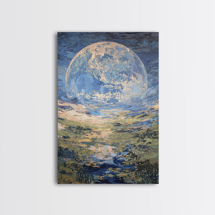 Dreamy Blue Moon Over Ocean Canvas Print, Abstract Landscape Wall Art, Modern Art Poster, Nature Scene Art, Large Decor Gift