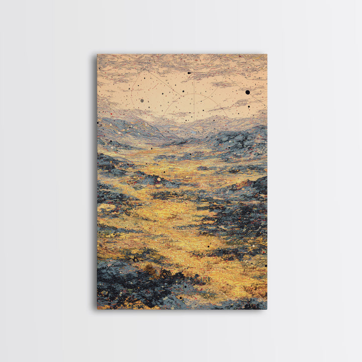 Golden Celestial Valley Framed Canvas Print, Dreamy Wall Art, Abstract Landscape, Spiritual Wall Decor, Modern Art Poster Gift