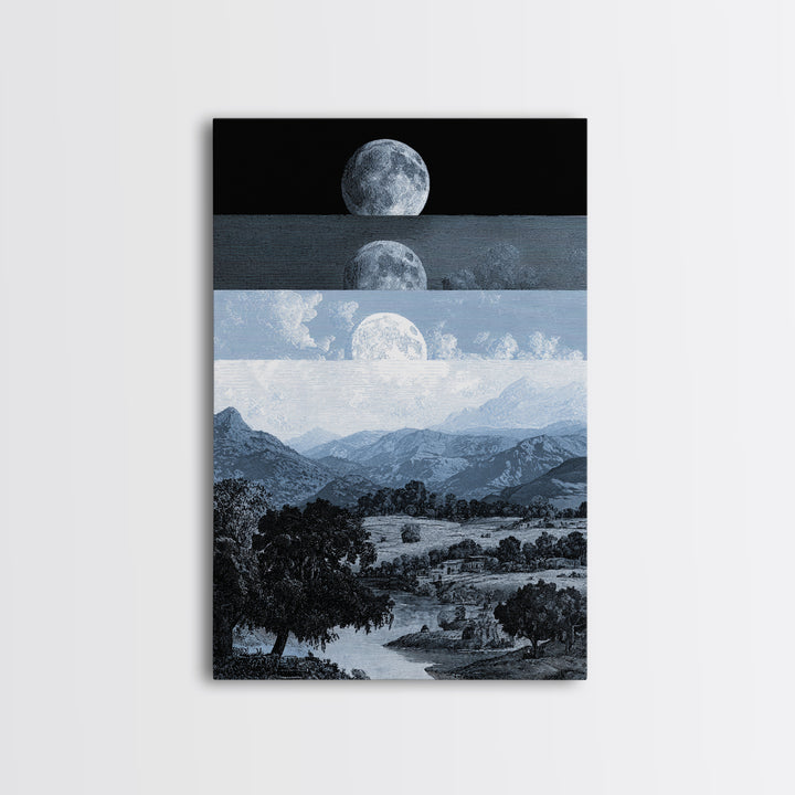 Black And White Moonrise Mountain Wall Art, Large Landscape Canvas Print, Minimalist Art, Modern Wall Decor, Blue Nature Scene Art Gift