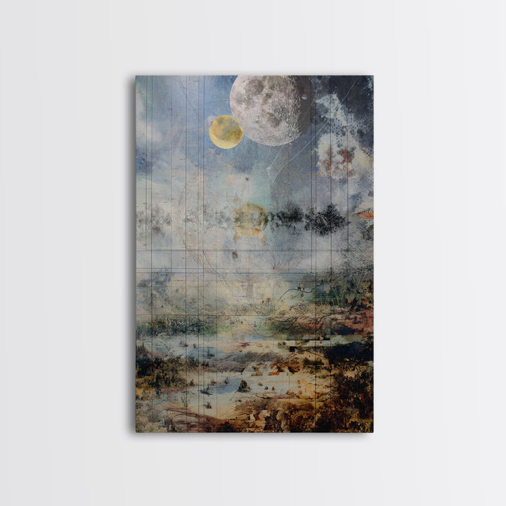 Surreal Lunar Seascape With Pale Moons And Fine Line Geometry Wall Art, Dreamy Abstract Landscape, Modern Blue Home Decor