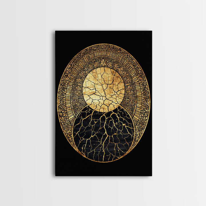 Gold Kintsugi Sun Moon Oval On Black Canvas Print, Spiritual Geometric Art, Luxury Abstract Decor, Mystical Celestial Gift